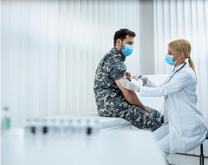a doctor treating a patent in army camouflage
