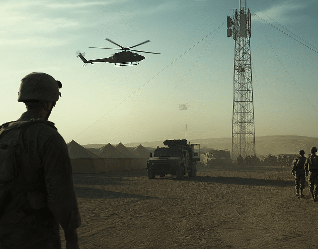 A military base with a helicopter flying over head and a soldier silhouetted in the foreground