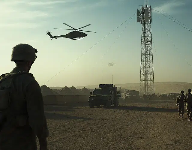 A military base with a helicopter flying over head and a soldier silhouetted in the foreground