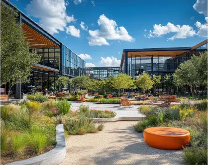 A courtyard of an office building with outdoor seating, greenery and trees